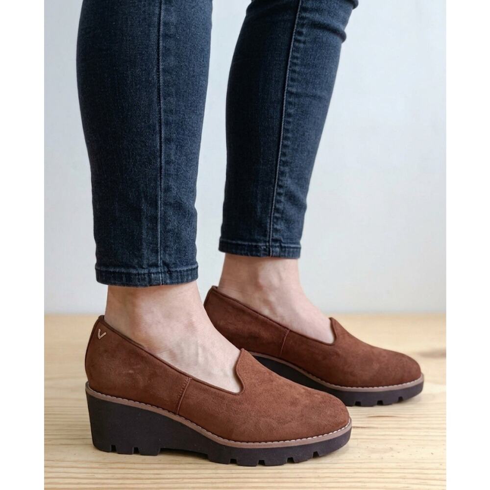 Vionic Willa Wedge Women's 7.5 Brown Suede Loafer Platform Shoes Orthotic